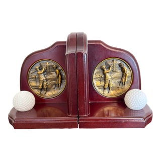 Golf Theme Vintage Bookends With Brass Inserts-a Pair For Sale