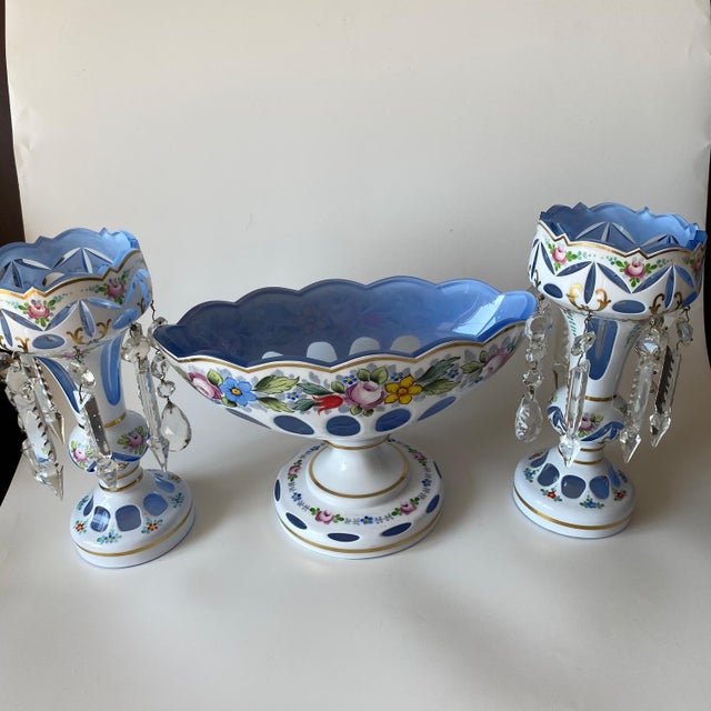 Antique Moser Glass Lusters: Bohemian Glass, White Cut-to-Blue, Hand-Painted For Sale - Image 12 of 13