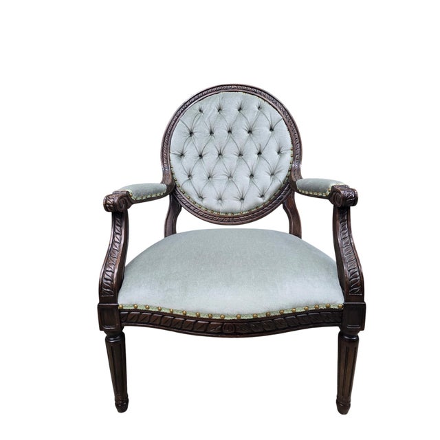 Vintage Louis XVI Style Medallion Back Armchairs Newly Reupholstered - Pair For Sale - Image 4 of 12