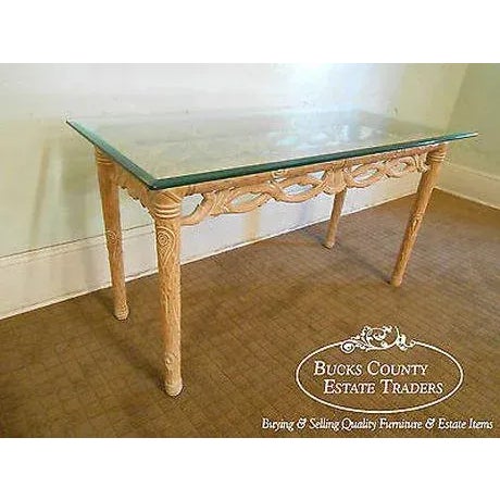 high quality solid maple carved sofa table w/ thick beveled glass top