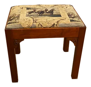 20th Century Wood Stool With Equestrian Scene Tapestry Seat Cushion