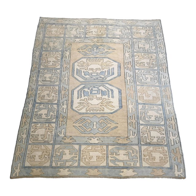 Vintage Geometric Turkish Hand-Knotted Oushak Area Rug For Sale