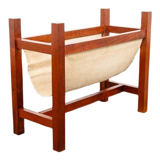 Mid Century Modern Magazine Rack Danish Canvas Sling Teak Vintage Tan Brown For Sale