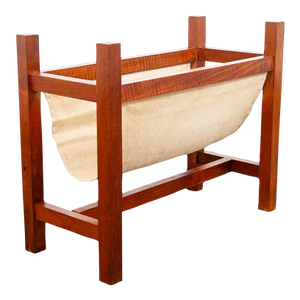 Mid Century Modern Magazine Rack Danish Canvas Sling Teak Vintage Tan Brown