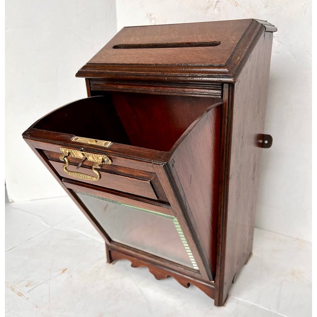 Vintage oak lockbox w/slot for mail or ballots. May have been used as an alms box in a church. Beveled glass front panel....