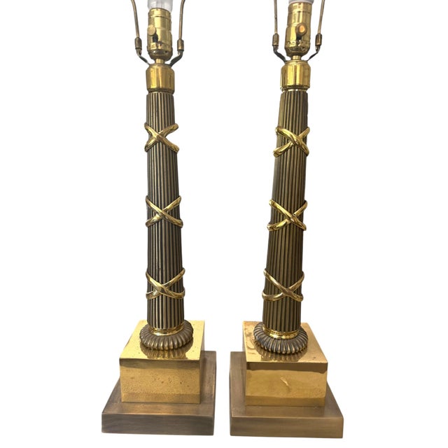 1990s Top Brass Neoclassical Solid Brass Column Table Lamps - a Pair For Sale In Los Angeles - Image 6 of 13