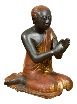 1920s 20th Century Thai Temple Ceremonial Lacquered and Gilt Kneeling Monk Sculpture