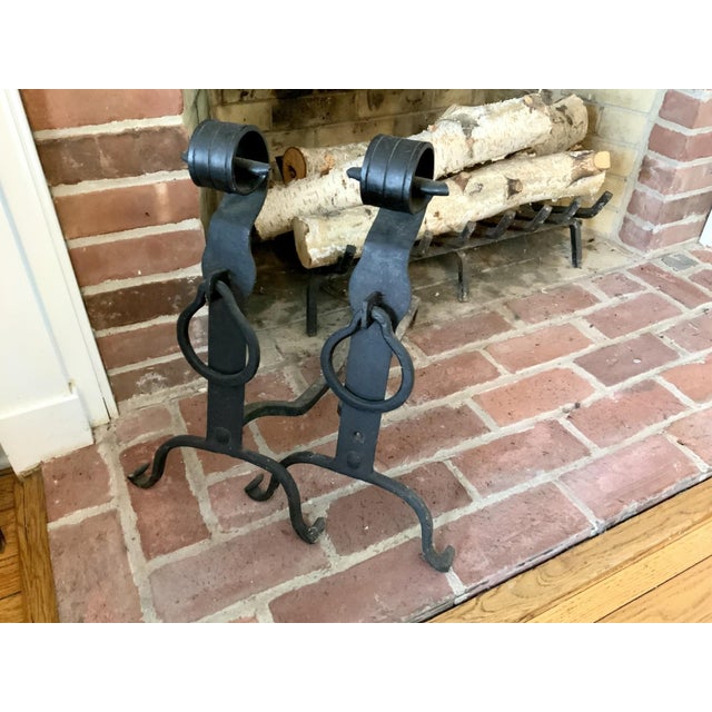 Late 19th Century Antique Arts & Craft Style Wrought Iron Andirons—A Pair For Sale - Image 5 of 7