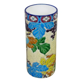 Antique French Longwy Emaux Cloisonne Enamel Grapevine Ceramic Cylinder Vase 7" For Sale