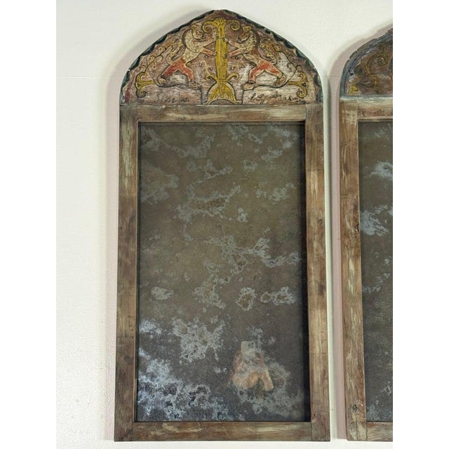 Pair of 19th Century Painted Folk Art Arched Mirrors With Heraldic Lion Crests For Sale - Image 9 of 13