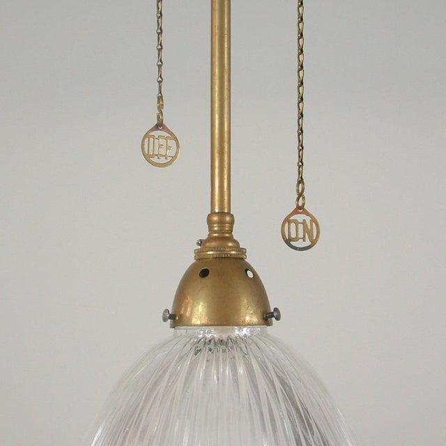 Art Deco Holophane Glass and Aged Brass Pendants, 1920s, Set of 2 For Sale - Image 11 of 18