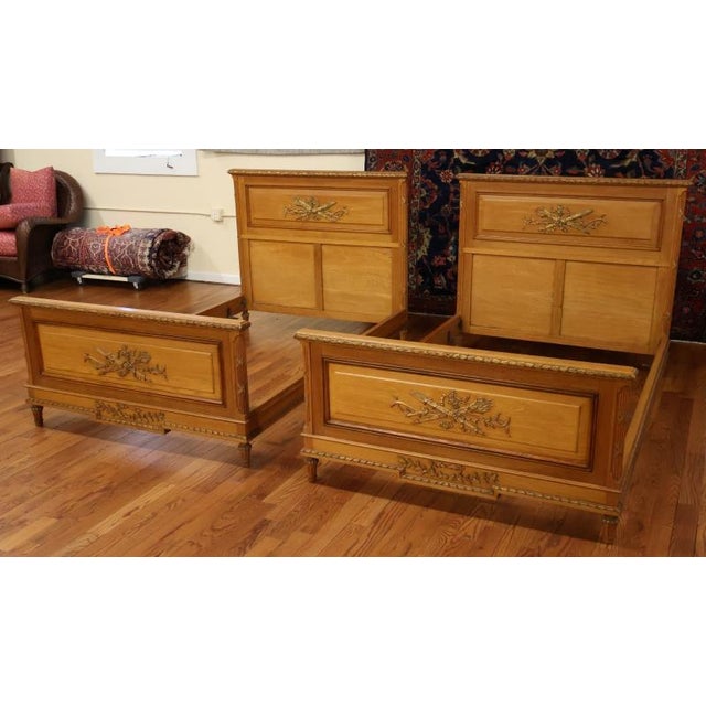 French Pair of 1920's Era Oak French Louis XVI Oak European Small Double Beds For Sale - Image 3 of 7
