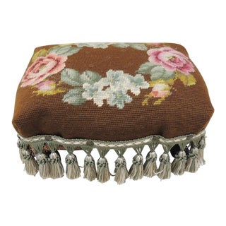 Antique Brown and Green Tapestry Footstool With Tassels For Sale