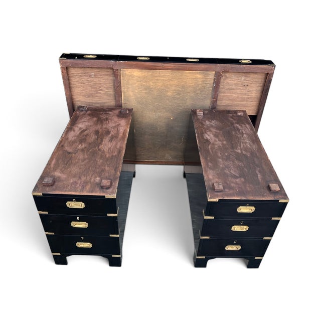 Antique British Campaign Style Executive Desk With Green Leather Writing Top For Sale - Image 15 of 15