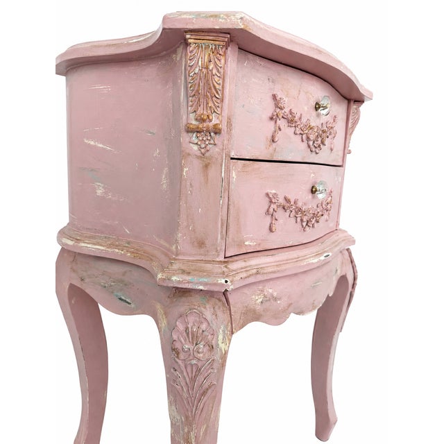 French Provincial Vintage French Pink Distressed Nightstand With Floral Carvings For Sale - Image 3 of 13