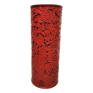 Large Carved Red Cinnabar-Style Lacquer Floor Vase or Umbrella Stand, Beijing Factory For Sale