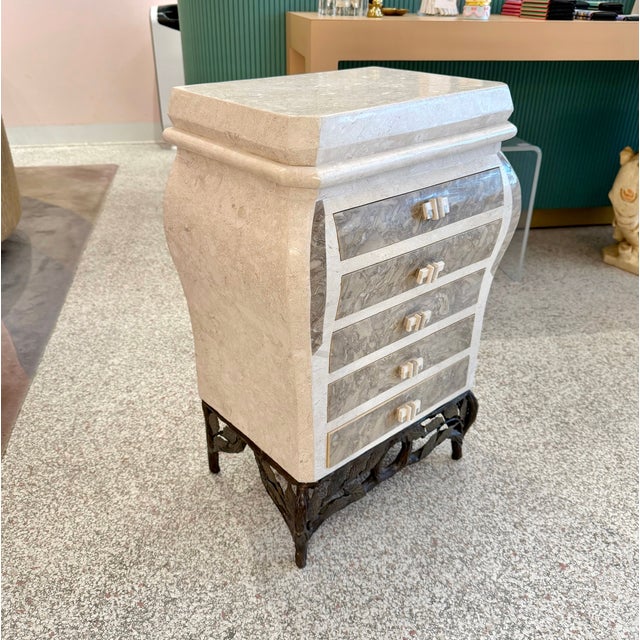 A beautiful 1980's tessellated stone chest of drawers/jewelry armoire, with 5 black felt lined drawers with elegant stone...