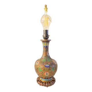 Early 20th Century Cloisonné Lamp With Vibrant Floral and Peacock Pattern For Sale