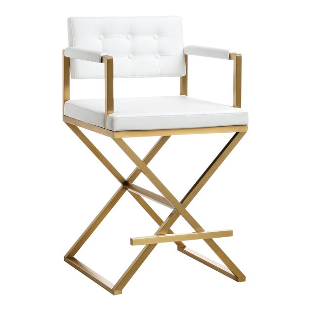 Director White Vegan Leather & Gold Steel Counter Stool For Sale