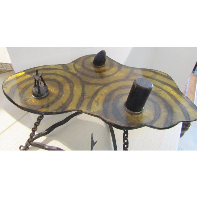 Nautical Rare Signed Slack Brutalist Nautical Themed Tripod Iron Table Circa 1960's For Sale - Image 3 of 12
