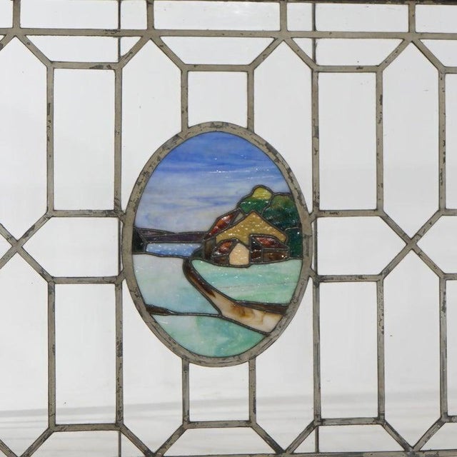 Glass Antique Arts & Crafts Leaded & Stained Glass Window With Country Road Circa 1910 For Sale - Image 7 of 14