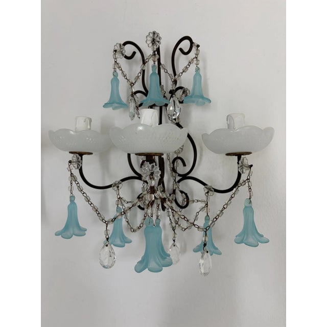 C 1930 Aqua Blue Murano Bell Flowers Crystal Prisms Sconces One of a Kind For Sale - Image 4 of 11
