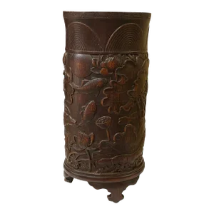 Chinese Bamboo Lotus Flower Leaves Carving Brush Pen Holder / Pot