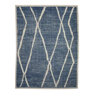 Turkish Handmade Wool Modern Tulu Rug Blue & White Geometric Design Rug 7'10" X 10'2"