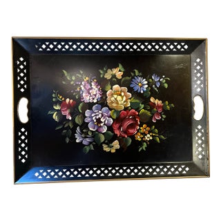 1950s Hand Painted Black Large Metal Tolle Tray Floral Bouquet Center For Sale
