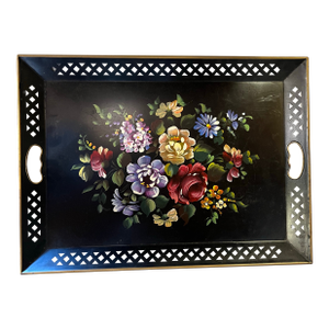 1950s Hand Painted Black Large Metal Tolle Tray Floral Bouquet Center