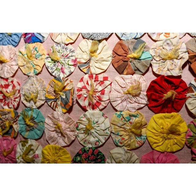 Antique 1930s Yo Yo Quilt Coverlet | Depression Era Feed Sack Fabrics | 49x72 | Cottagecore Folk Art Textile For Sale - Image 10 of 13