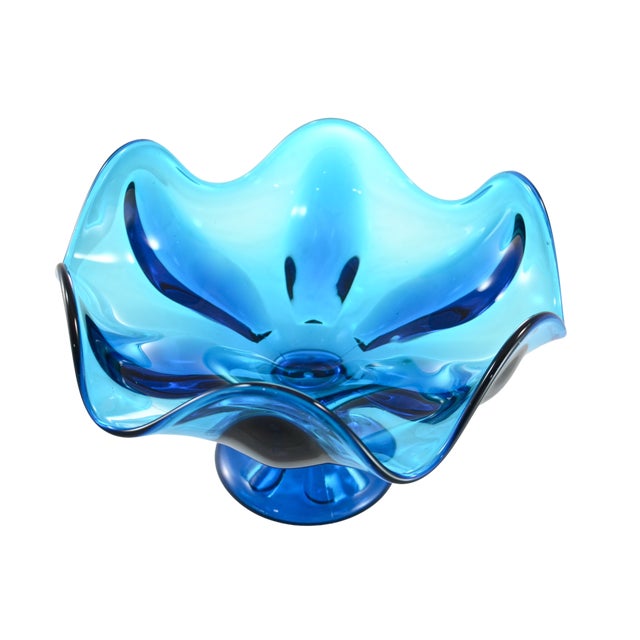 Viking Glass Company Mid Century Peacock Blue Pedestal Bowl For Sale - Image 4 of 5