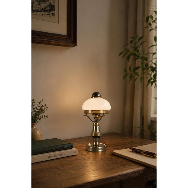 Vintage Steampunk Style Table Lamp A striking vintage table lamp featuring a smooth white opaline glass dome shade mounted...