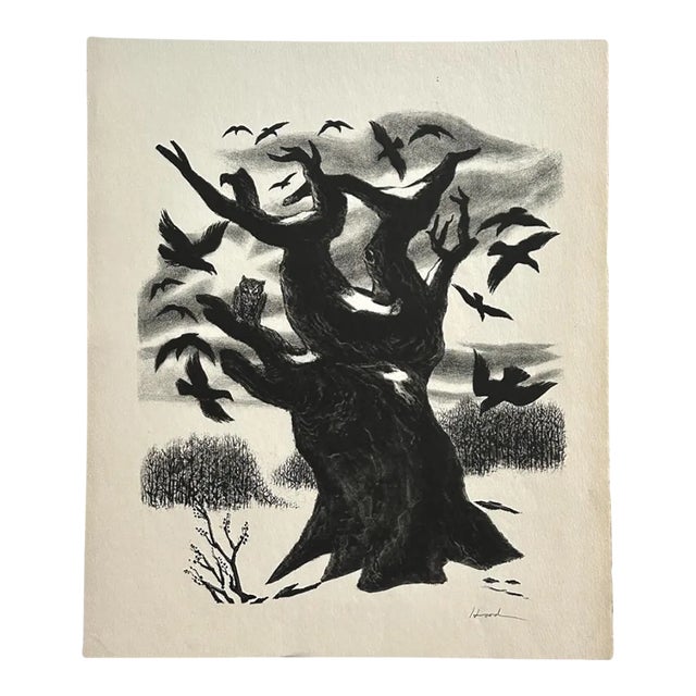 Richard Hood - ‘Owl and Crows’ Lithograph on Wove Paper, Signed (C. 1938)/Edgar Allen Poe/‘Munch For Sale