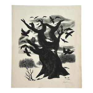 Richard Hood - ‘Owl and Crows’ Lithograph on Wove Paper, Signed (C. 1938)/Edgar Allen Poe/‘Munch