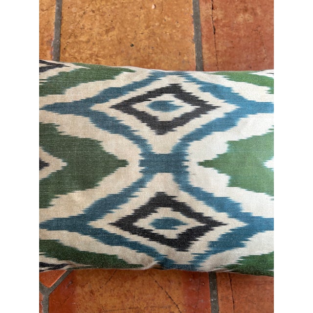 Traditional Silk Green and Blue Ikat Pillow For Sale - Image 3 of 7