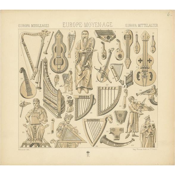 Racinet, European Middle Ages Music Objects, 1880, Paper For Sale - Image 5 of 5