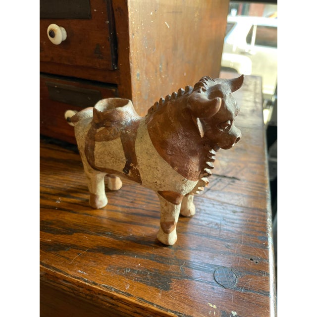 Very cool Peruvian folk art ceramic vessel in the shape of a bull. Incan/post-Incan ritual offering vessel placed on...