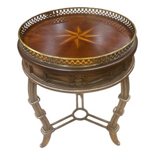 Regency Style Round Mahogany Accent Table With Brass Gallery & Compass Star Top For Sale