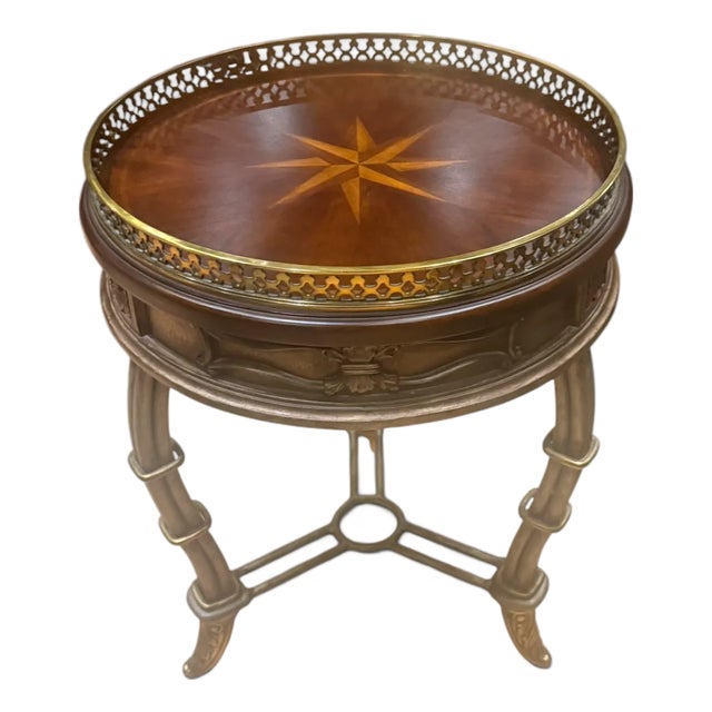 Regency Style Round Mahogany Accent Table With Brass Gallery & Compass Star Top For Sale