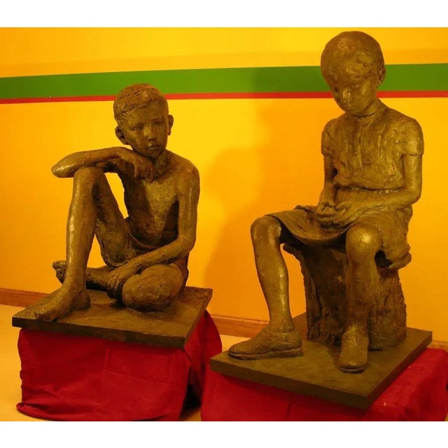 1930s French Vintage Lifesize Children Sculptures in Bronze Finish - Set of 2 For Sale - Image 4 of 6
