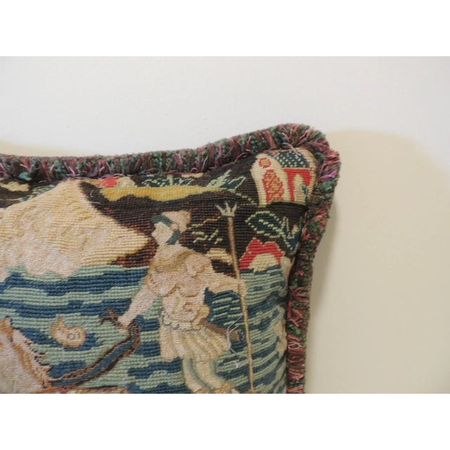 Blue & Tan Woven Square Decorative Tapestry Pillow. Depicting Poseidon the 'Greek Sea God' Moss multi-color trim all...