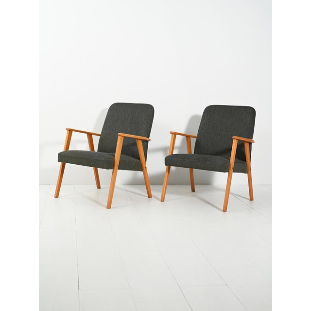 Scandinavian Beech Armchairs in Grey Upholstery, 1950s, Set of 2 For Sale - Image 3 of 12