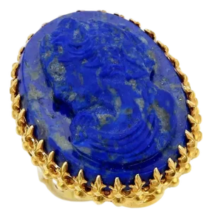 Carved Lapis Girl Cameo 14k Yellow Gold Ring - Size 7