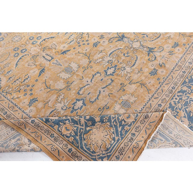 Authentic 19th Century Indian Yellow Beige Botanic Handmade Wool Rug For Sale - Image 4 of 9