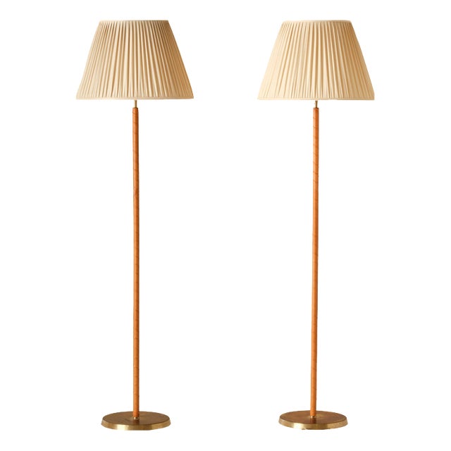 Vintage Swedish Floor Lamps in Brass and Leather, 1950s, Set of 2 For Sale