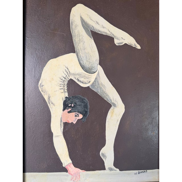 1970s Vintage J. Banas Figurative Acrobat Dancer Oil on Artist Board Painting, Framed For Sale In Miami - Image 6 of 13