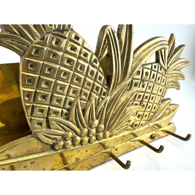 Metal Vintage Brass Pineapple Wall Rack With Hooks, Hollywood Regency Key Holder For Sale - Image 7 of 10