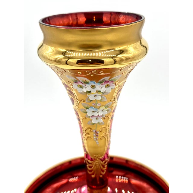 Glass Antique Moser Bohemian Cranberry Glass Epergne Gold Gilt With Raised Enamel Floral Design For Sale - Image 7 of 11
