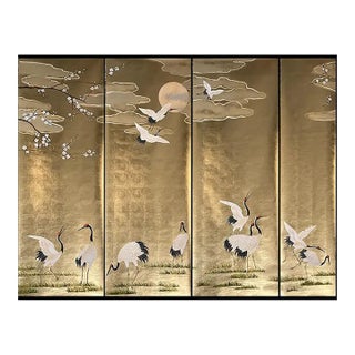 Cranes Mural Hand Painted Artworks Wallpaper on Gold Leaf - 4 Panels For Sale
